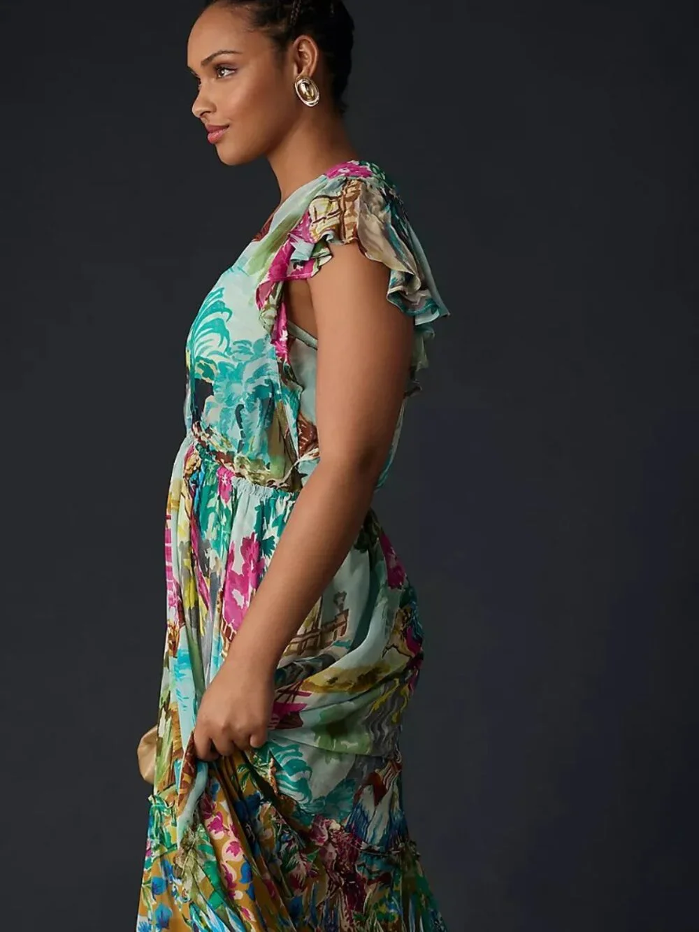 By Anthropologie V-Neck Flutter-Sleeve Maxi Dress Size XL Multicolor Lined
